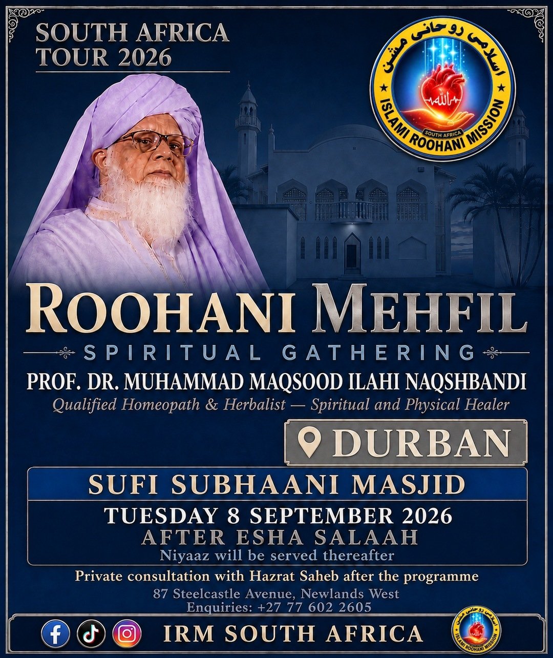 ROOHANI MEHFIL at NEWLANDS MASJID, DURBAN — Tuesday 8 September 2026
