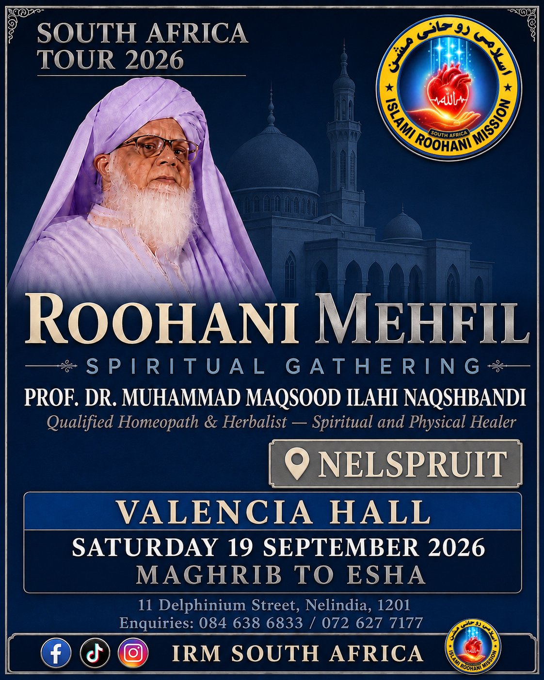 ROOHANI MEHFIL at VALENCIA HALL, NELSPRUIT — Saturday 19 September 2026